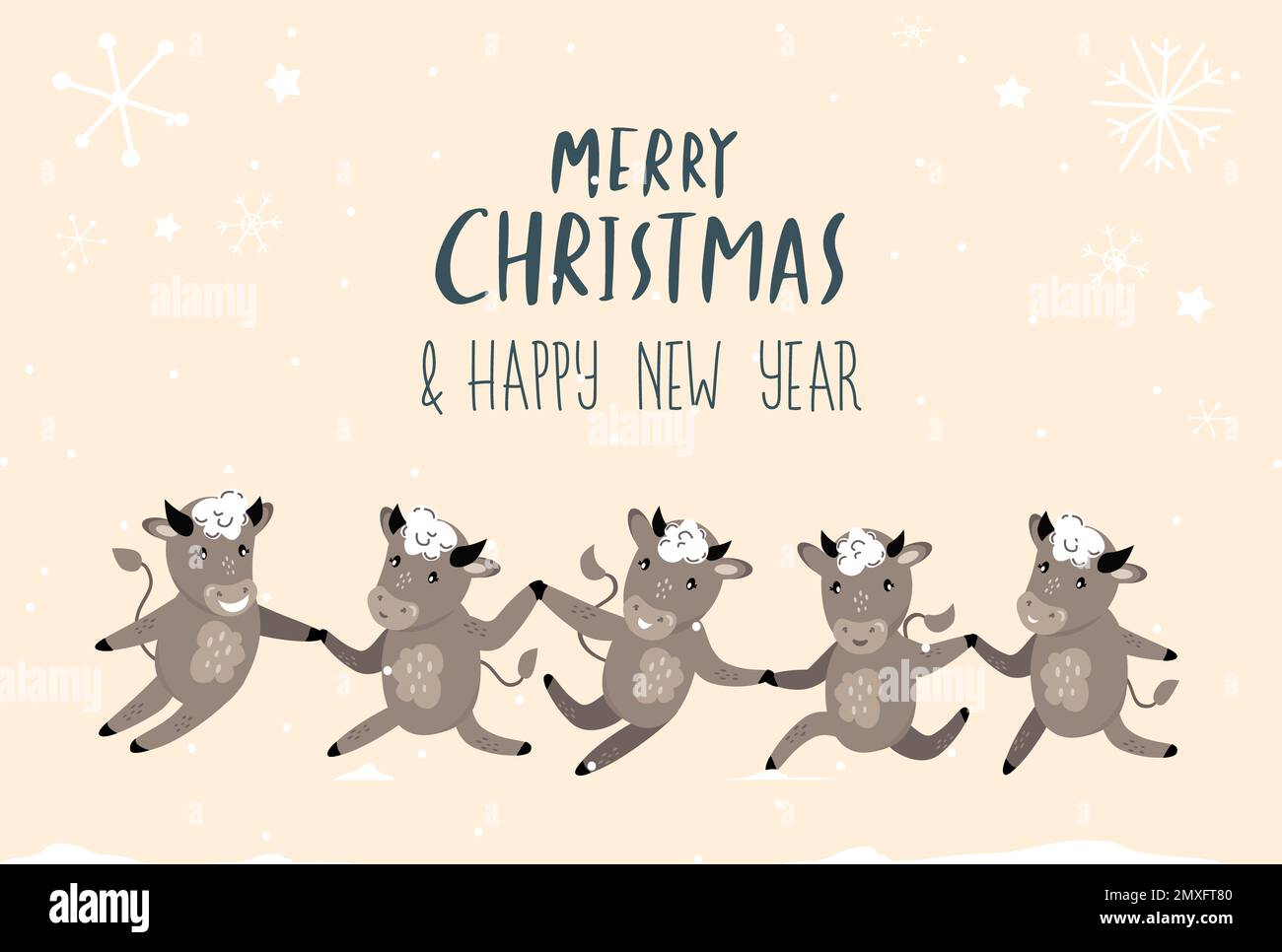 Christmas,Happy New Year Greeting Card.Cute Cartoon Bulls.Dancing Celebrating Cows Cattle.Chinese 2021 Symbol.Set of Funny Cute Holiday Animals.Design Stock Photo