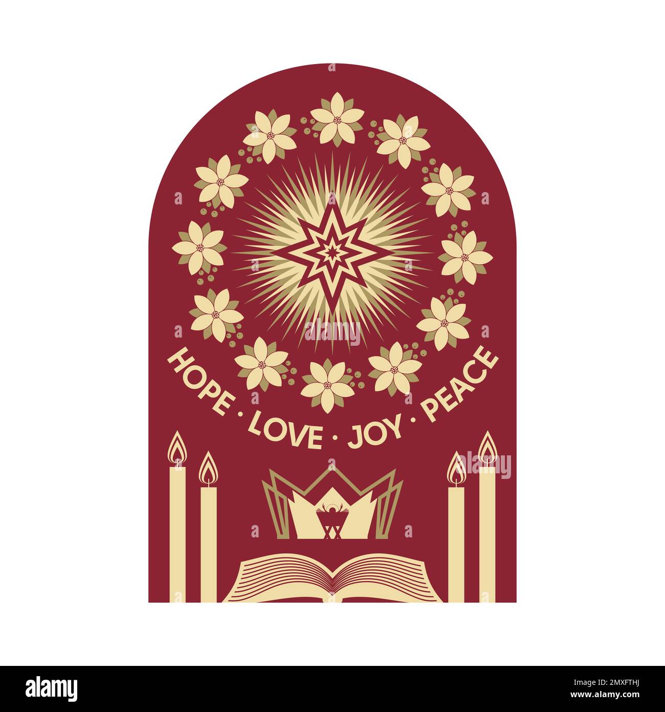 Christmas vector illustration. Four Advent candles lit in anticipation of the birth of Jesus 