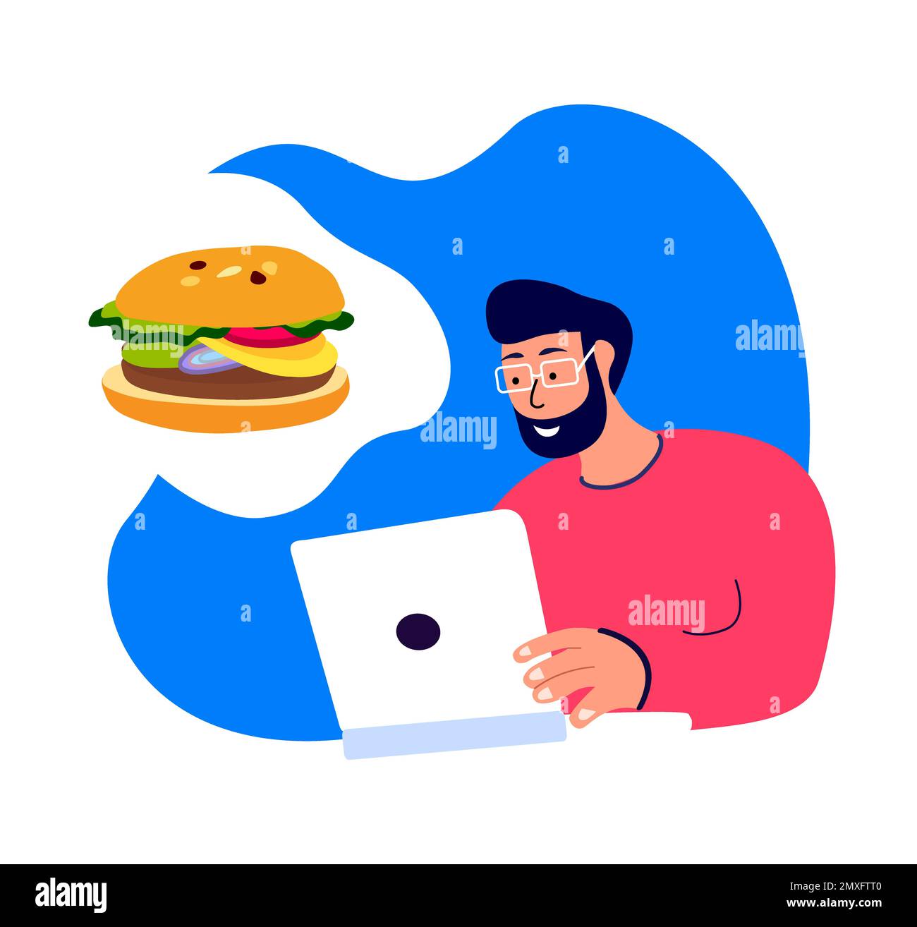 Young Man Freelancer Worker Ordering Food Dish Cheeseburger Online.Laptop Application Restaurant Site Menu.Catering Service.Order Meal at Home,Receive Stock Photo