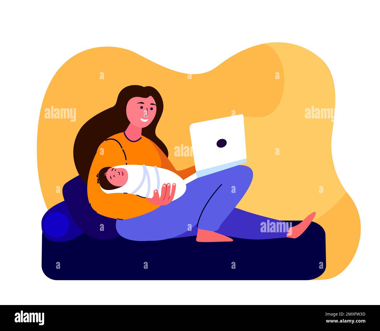 Young Businesswoman Mother Freelancer Working Remotely on Quarantine at Home.Business on Laptop in Child Care Decree.Mom Study Online,Webinar Seminar Stock Photo