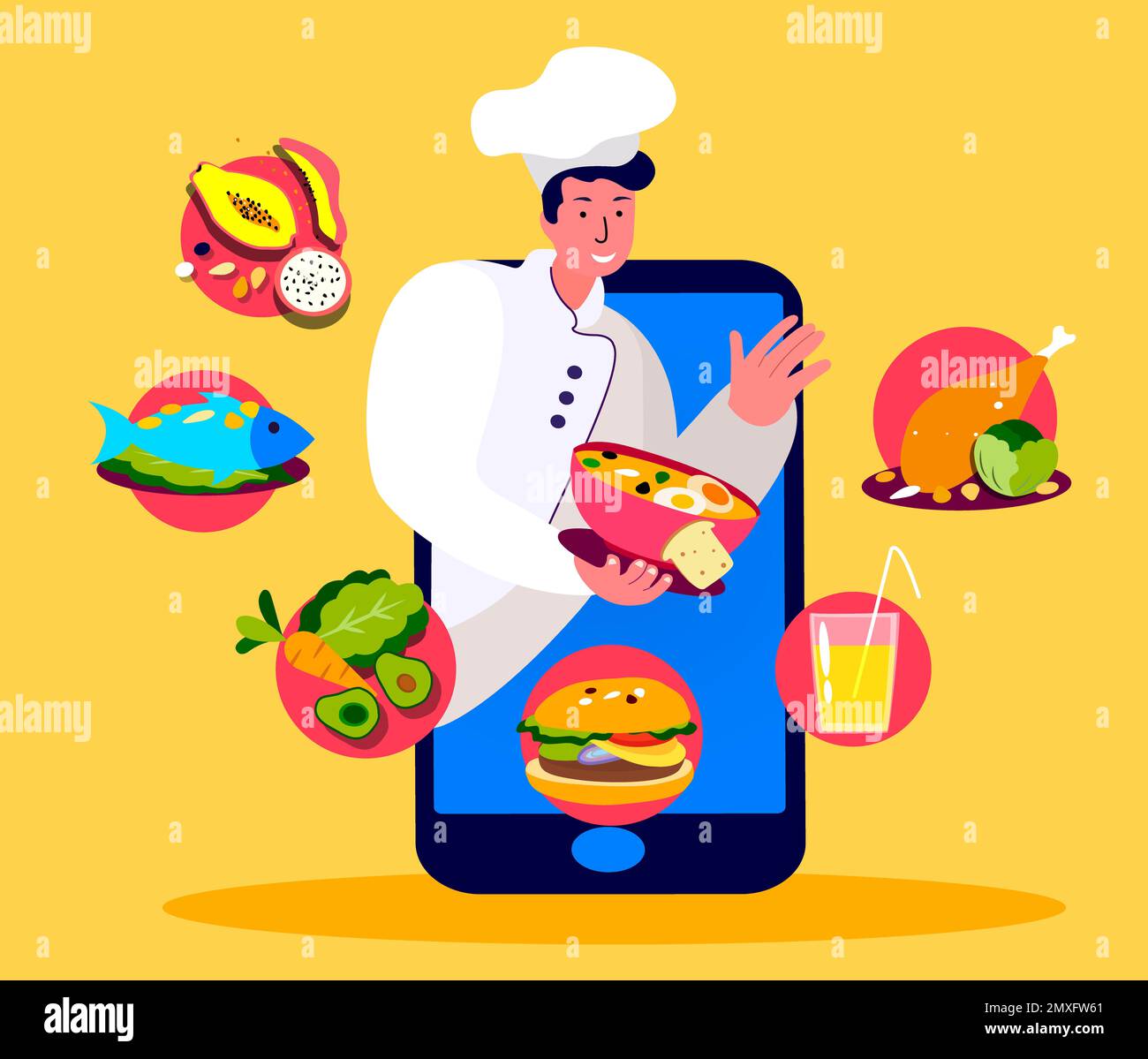 Young Cook Cooking Different Food Dish Online.Internet Restaurant.Smartphone Application Menu.Dinner Catering Service.Lunch Meal. Home Delivery,Quaran Stock Photo