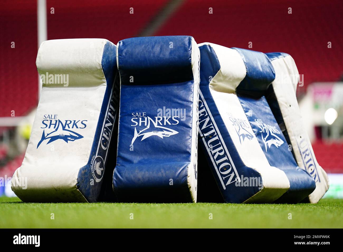 https://c8.alamy.com/comp/2MXFW6K/a-general-view-of-sale-sharks-branded-tackle-pads-prior-to-the-gallagher-premiership-match-at-ashton-gate-stadium-bristol-picture-date-friday-february-3-2023-2MXFW6K.jpg