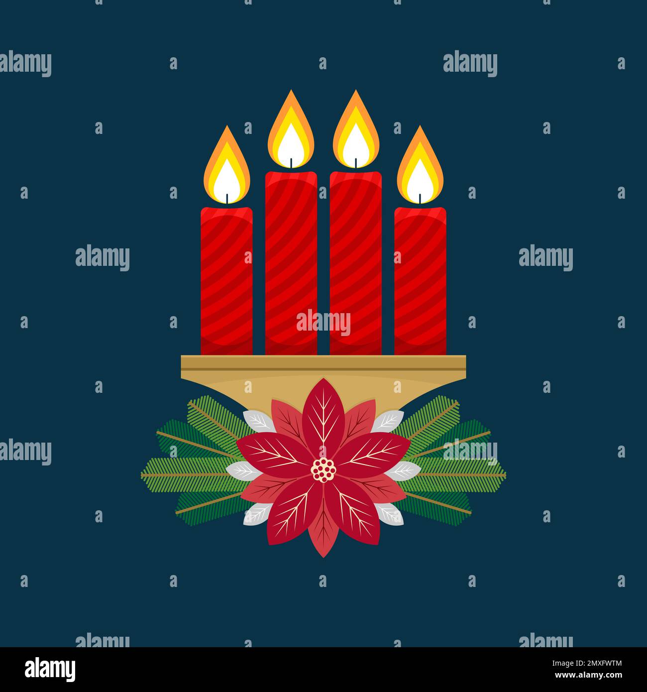 Christmas vector illustration. Four Advent candles lit in anticipation of the birth of Jesus 