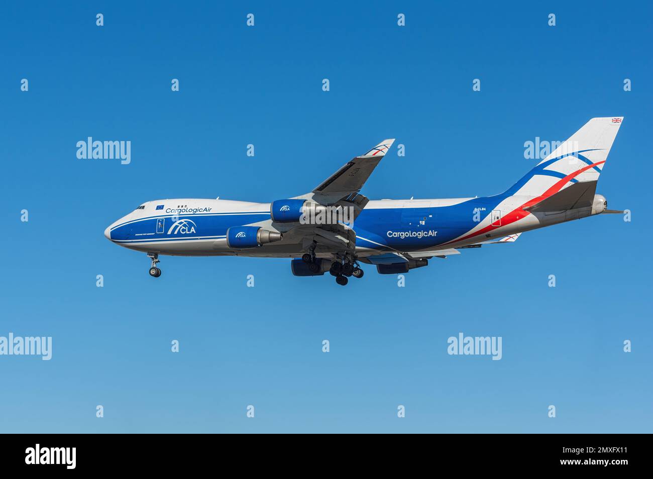Los Angeles, California, United States: Cargologicair Boeing 747-428ERF with registration G-CLBA shown approaching LAX for landing. Stock Photo