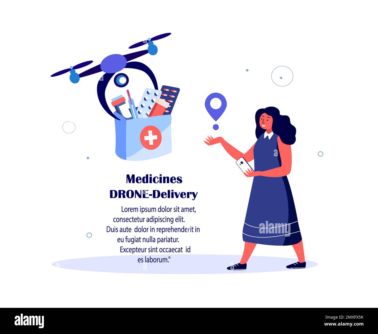 Drone Delivery.Woman Receive Contactless Delivery Parcel.First Aid Kit,Remotely Piloted Flying Aircraft.Medicament,Drug,Remedy.Consumption Online. Hom Stock Photo