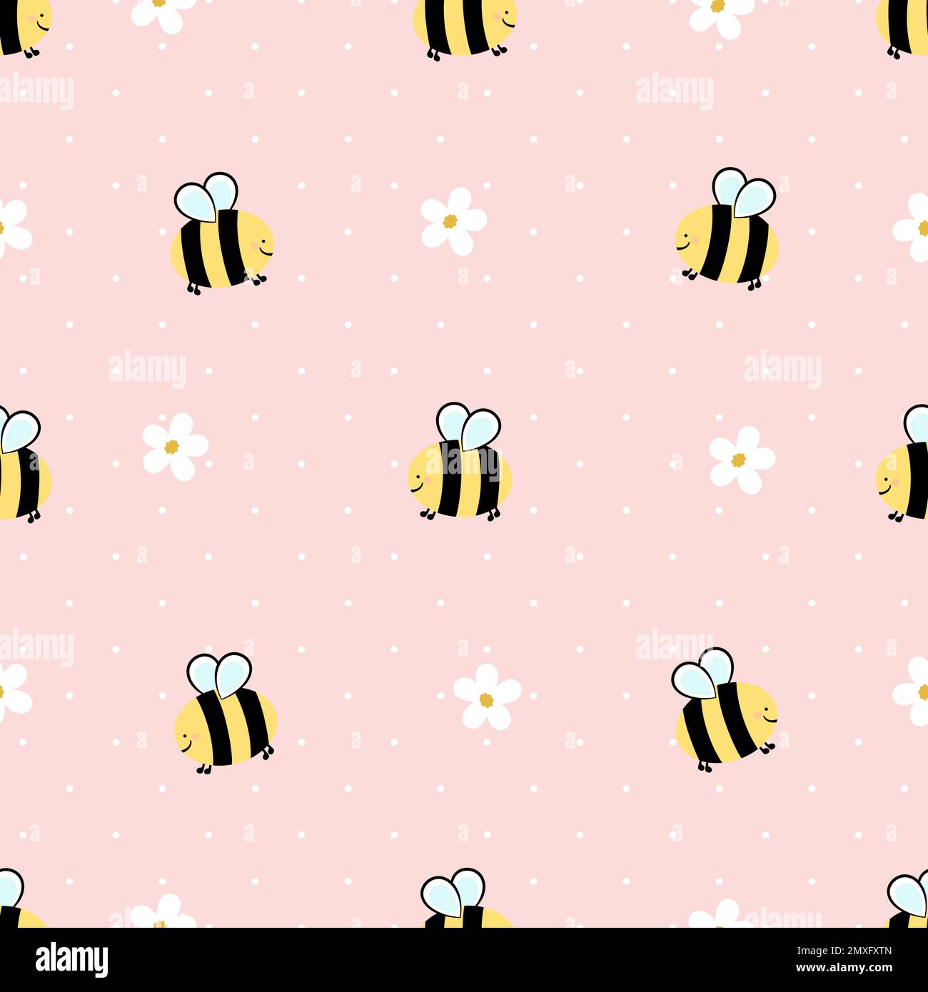 Seamless pattern with daisy flower and bee cartoons on pink background vector illustration. Cute floral print. Stock Vector