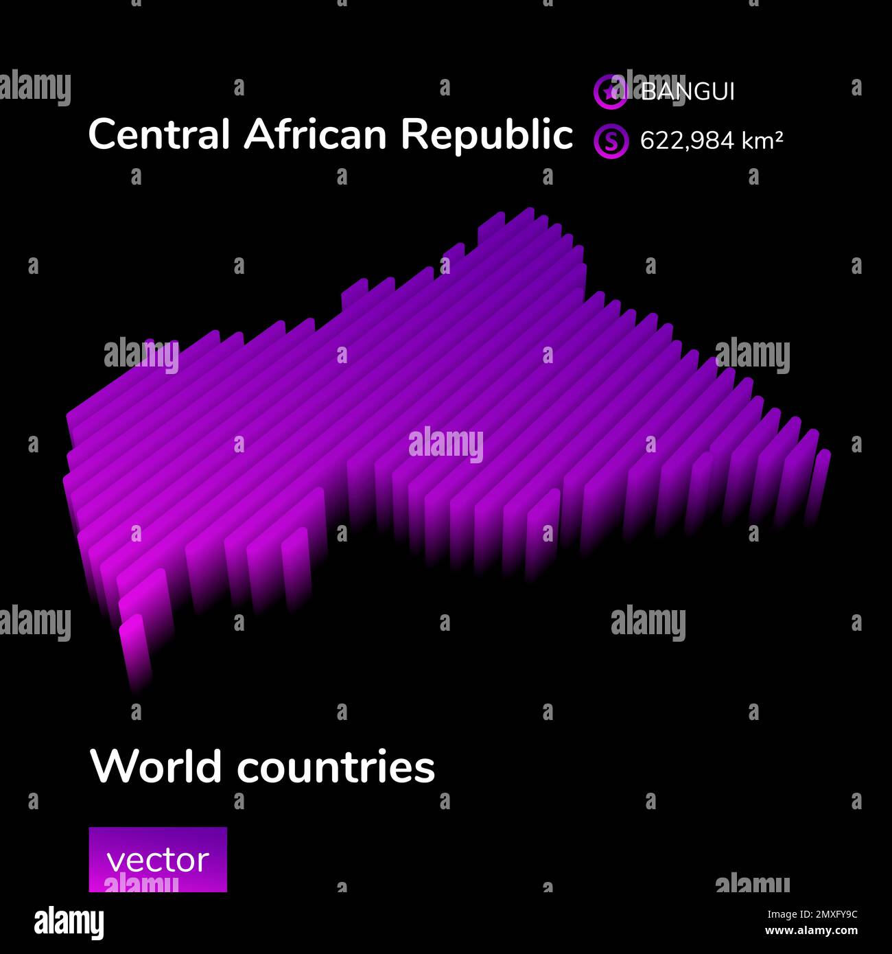 Stylized striped vector 3D map of Central African Republic in violet ...