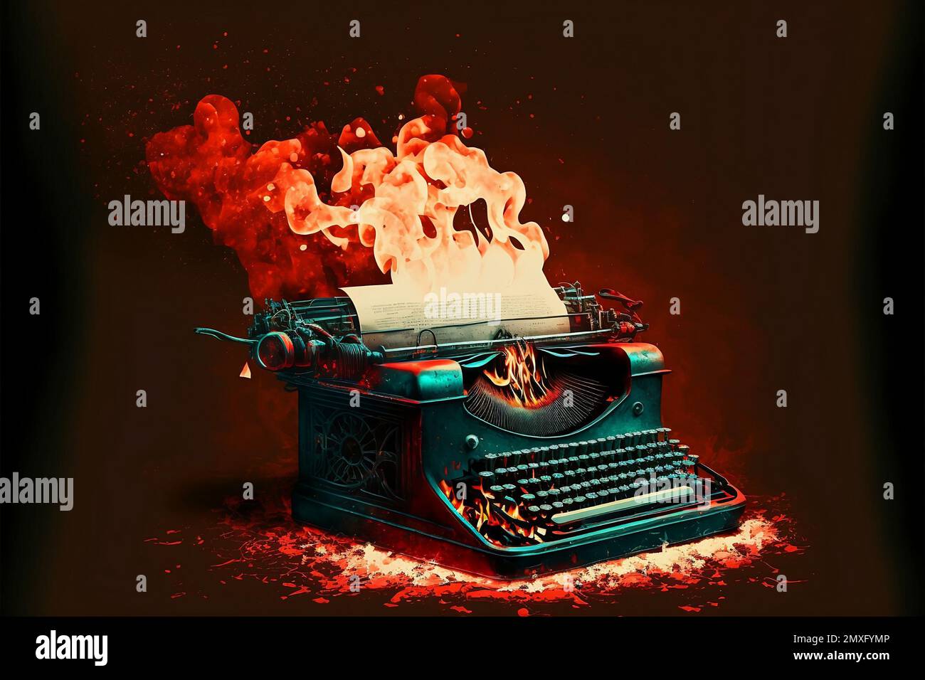 A digital illustration of a typewriter burning and on fire Stock Photo