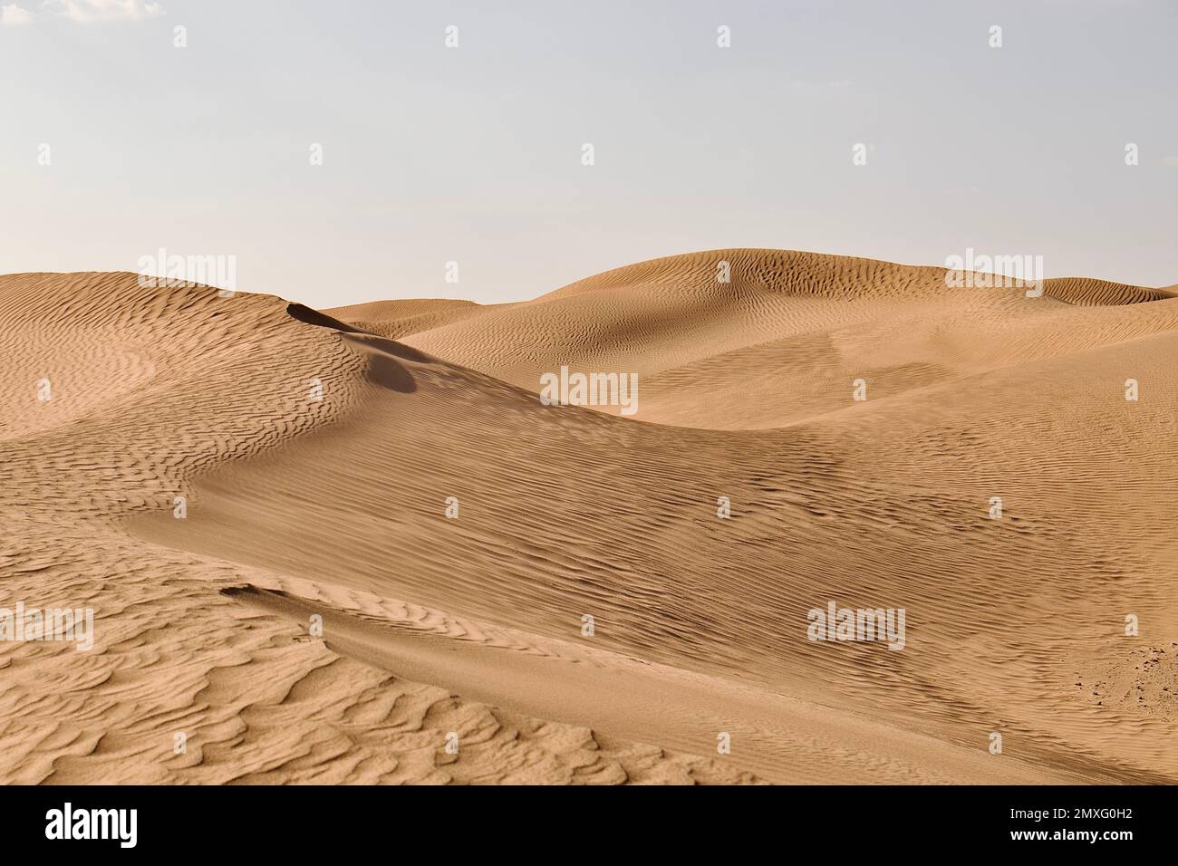 A scenic view of large desert landscape with sand dunes under blue sky ...