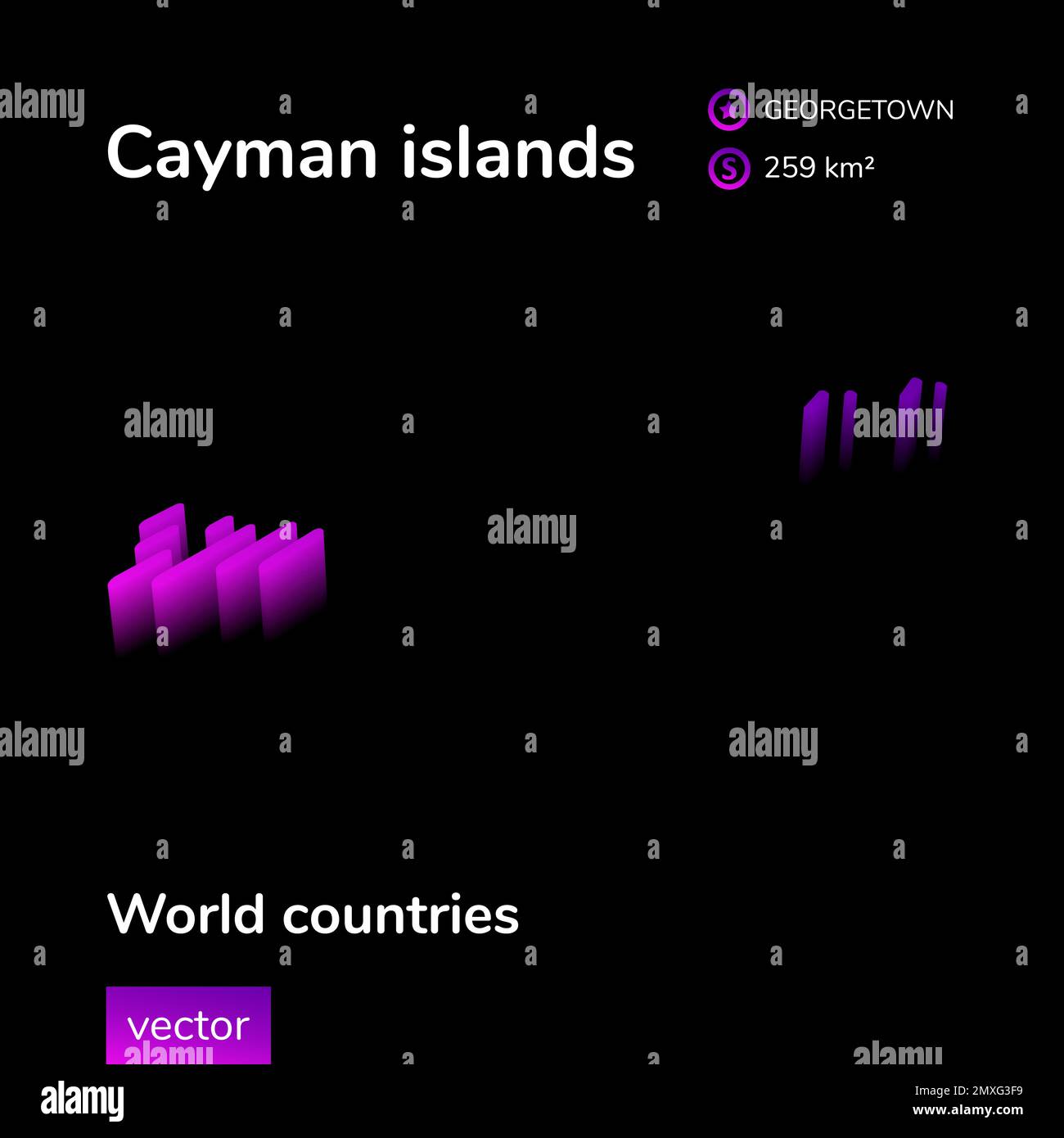 Cayman Islands 3D map. Stylized neon isometric striped vector Map of
