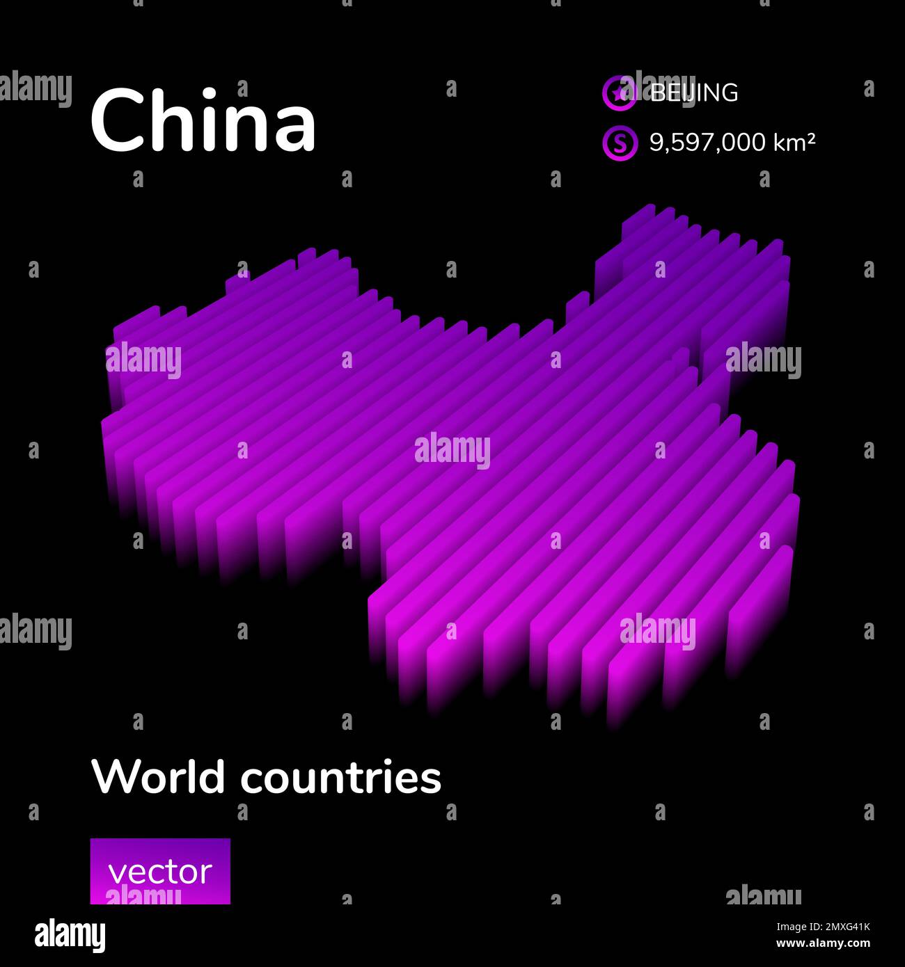 China 3D map. Stylized striped vector isometric neon Map of China is in