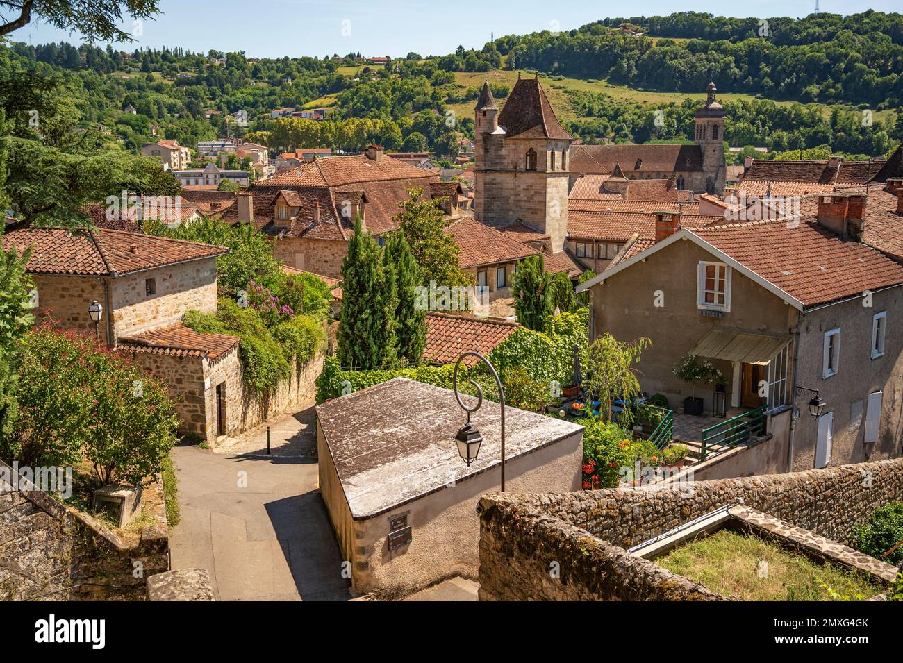 These staircases lead up from the old town of Figeac to its church Notre Dame du Puy Stock Photo