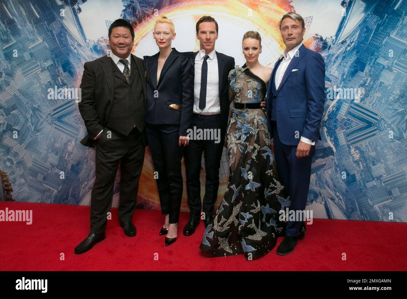 From left, actors Benedict Wong, Tilda Swinton, Benedict Cumberbatch,  Rachel McAdams and Mads Mikkelsen, pose for photographers upon arrival at  the launch event of the film 'Doctor Strange', in London, Monday, Oct.