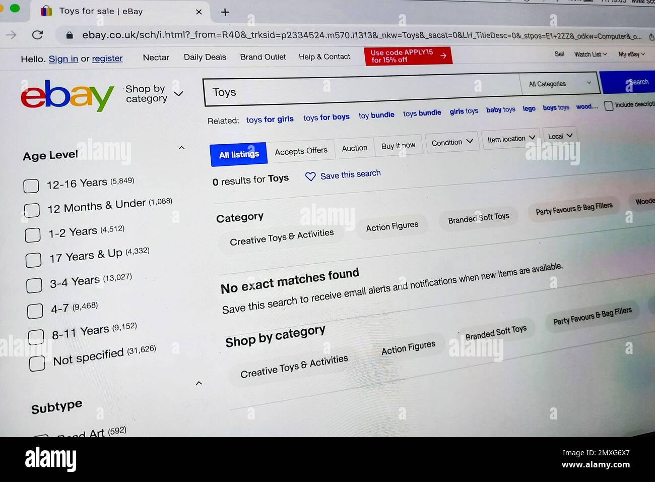 eBay UK Website, February 3rd 2023. - A screenshot of eBay UK showing no listings despite different search terms entered. The issue has yet to be addressed by eBay who have recently announced an increase of seller fees. The issue is yet another hit to business sellers who have had months of problems with Royal Mail, who recently had a cyber attack. Picture by Credit: Sid Phillips/Alamy Live News Stock Photo