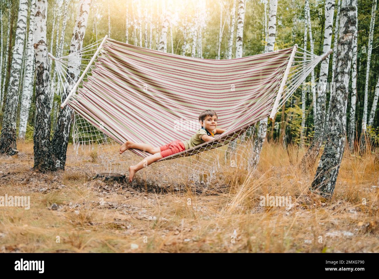 Cute little boy relax on big hammock in birch grove. Child smiling, enjoying nature at summer. Stock Photo