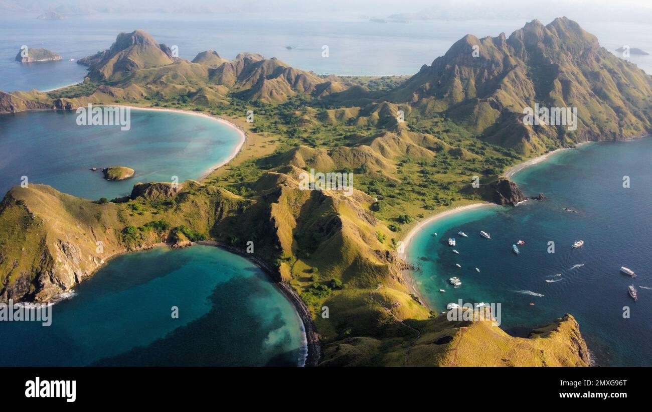 An aerial view of the Package Wisata Komodo Labuan Bajo in Indonesia ...