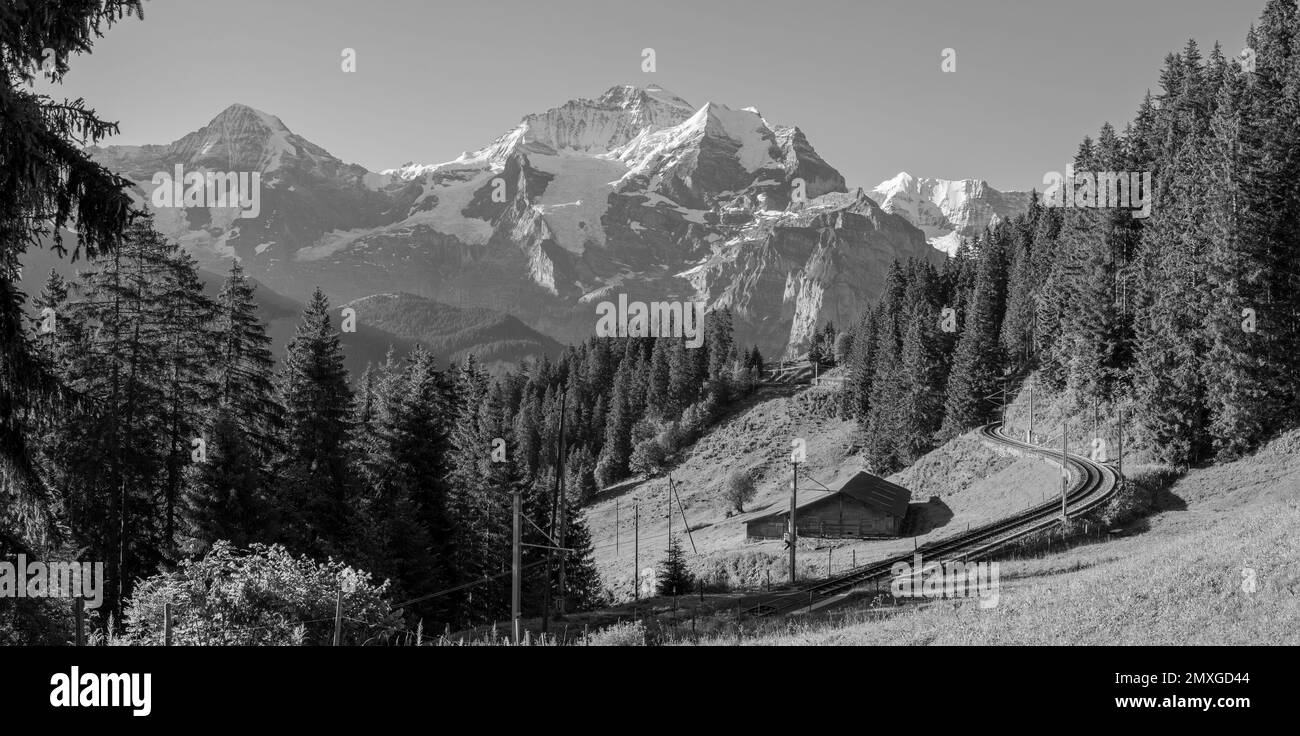 The Jungfrau paek in Bernese alps with the railway over the alps meadows. Stock Photo