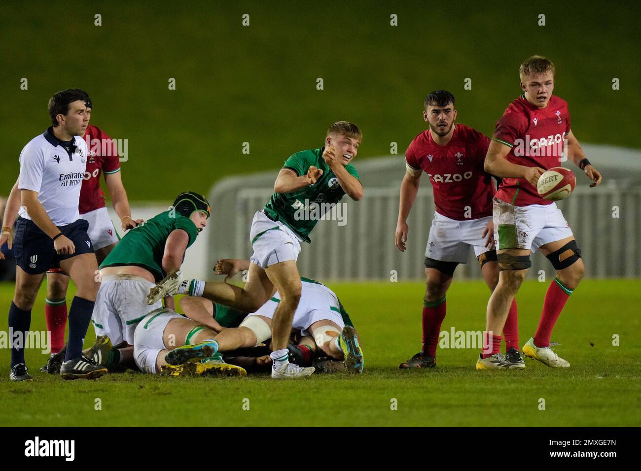 Fintan Gunne #9 of Ireland U20s passes from a ruck during the 2023 U20 Six Nations match Wales vs Ireland at Stadiwm CSM, Colwyn Bay, United Kingdom, 3rd February 2023 (Photo by