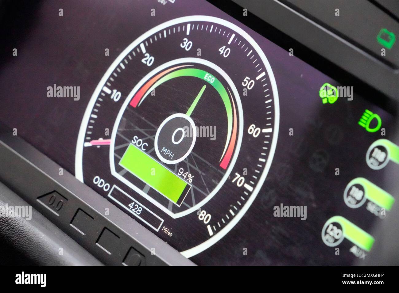 The speedometer and battery level monitor of a new batterypowered bus