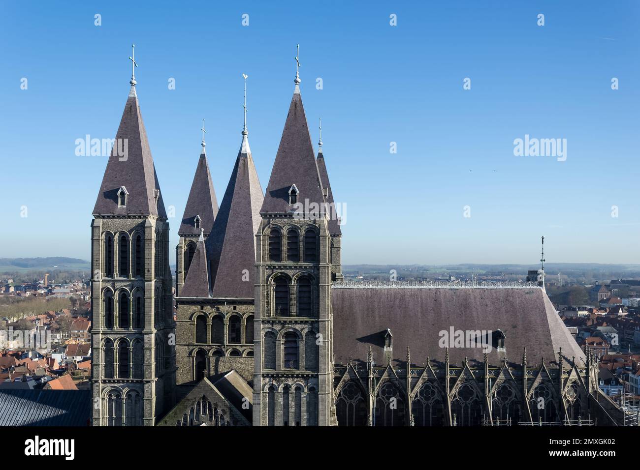 View of the Tournai Cathedral from the Belfry of Tournai in the province of Hainaut, Belgium. Both landmarks are UNESCO World Heritage sites Stock Photo