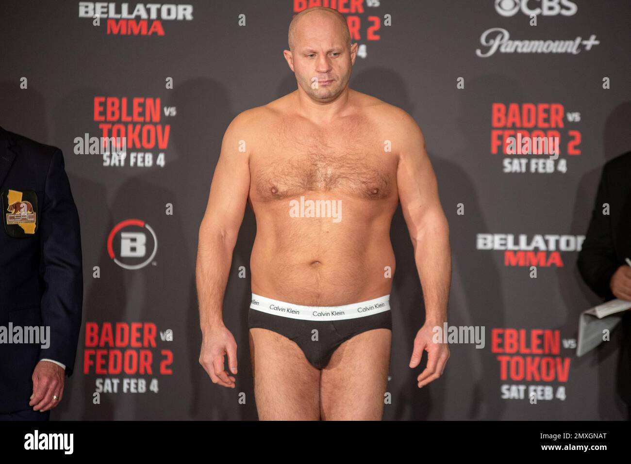 Los Angeles, CA, California, USA. 3rd Feb, 2023. Los Angeles, California - February 3nd: Fedor Emelianenko weighs in at 236.2lb ahead of his Heavyweight Title fight at Bellator 290 Bader vs Fedor 2 at The Forum on February 4th, 2023 in Los Angeles, California, United States. (Credit Image: © Matt Davies/PX Imagens via ZUMA Press Wire) EDITORIAL USAGE ONLY! Not for Commercial USAGE! Credit: ZUMA Press, Inc./Alamy Live News Stock Photo