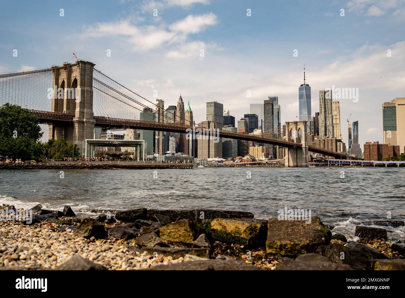 The view of the Brooklyn Bridge and New York skyline from the bank of ...