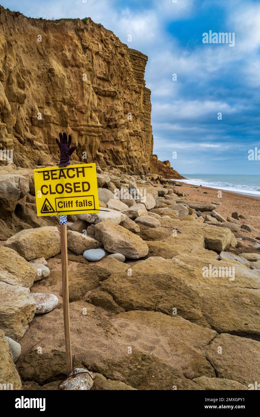 Cliff collapse and rockfall at West Bay, Dorset on 18th January 2023 due to storm damage and coastal erosion Stock Photo