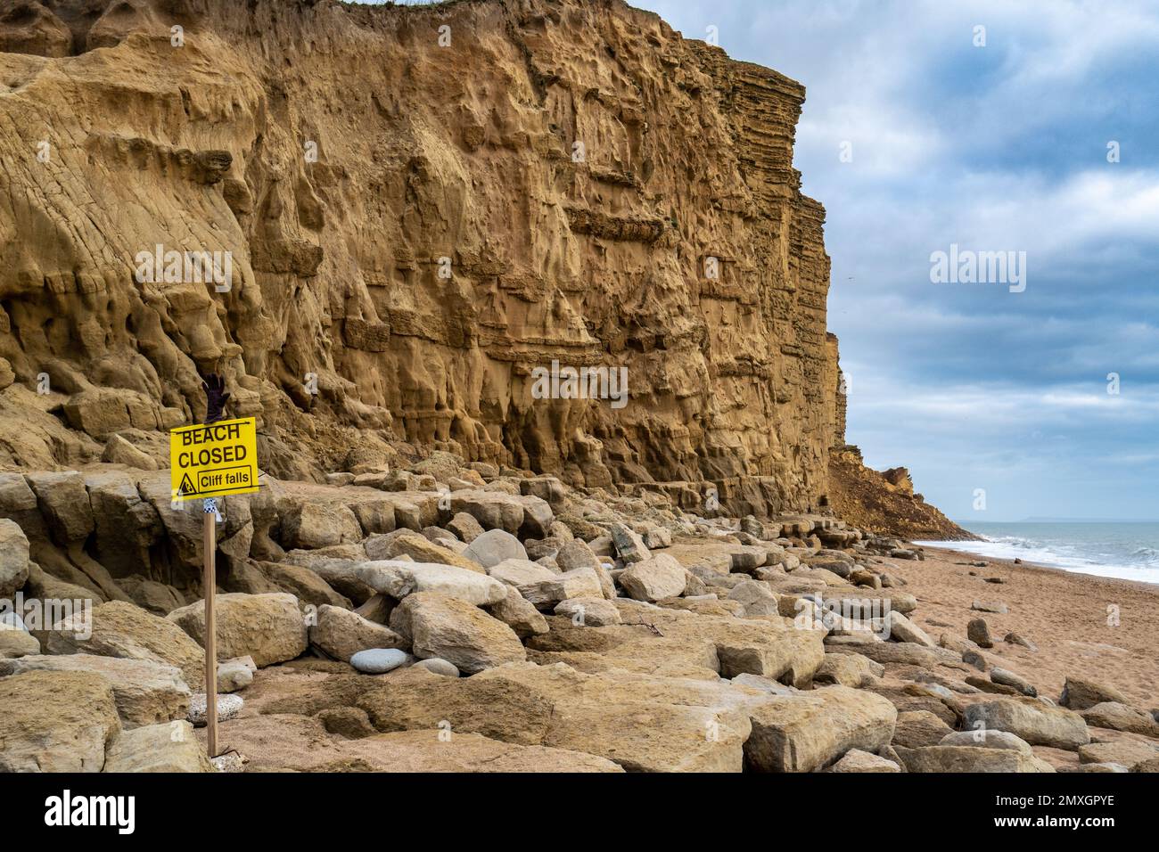 Cliff collapse and rockfall at West Bay, Dorset on 18th January 2023 due to storm damage and coastal erosion Stock Photo
