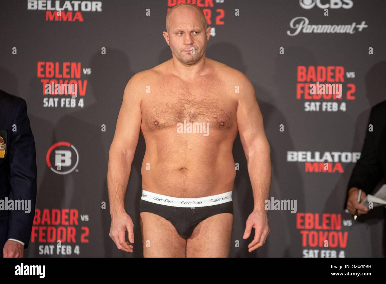 Los Angeles, CA, California, USA. 3rd Feb, 2023. Los Angeles, California - February 3nd: Fedor Emelianenko weighs in at 236.2lb ahead of his Heavyweight Title fight at Bellator 290 Bader vs Fedor 2 at The Forum on February 4th, 2023 in Los Angeles, California, United States. (Credit Image: © Matt Davies/PX Imagens via ZUMA Press Wire) EDITORIAL USAGE ONLY! Not for Commercial USAGE! Credit: ZUMA Press, Inc./Alamy Live News Stock Photo