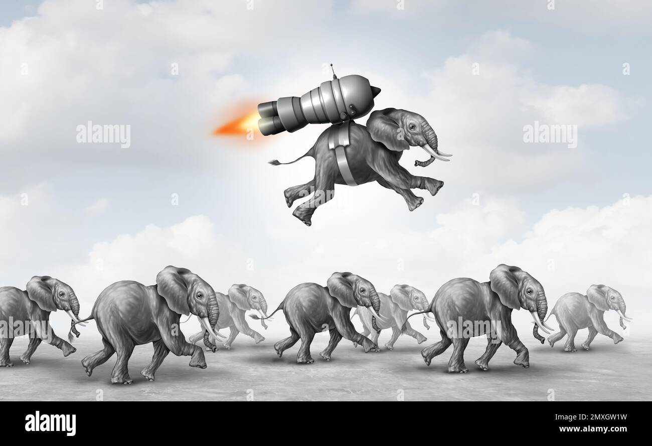 Market leadership and business success as a concept for prosperity and achievement as an elephant taking off on a rocket engine winning over Stock Photo