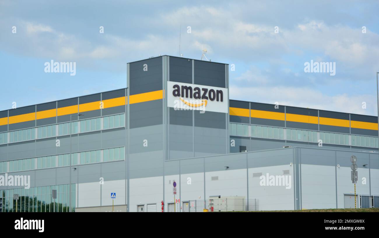 Szczecin Kolbaskowo, Poland. 22 July 2021. Amazon logo on the logistics centre. Company