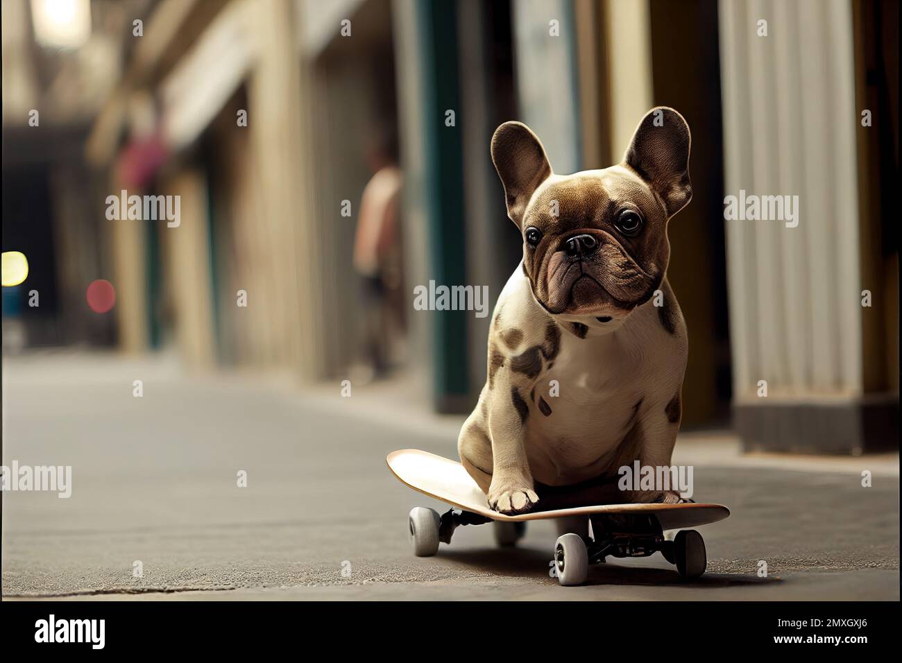 Funny spotted French bulldog rides a skateboard on the street Stock Photo Alamy