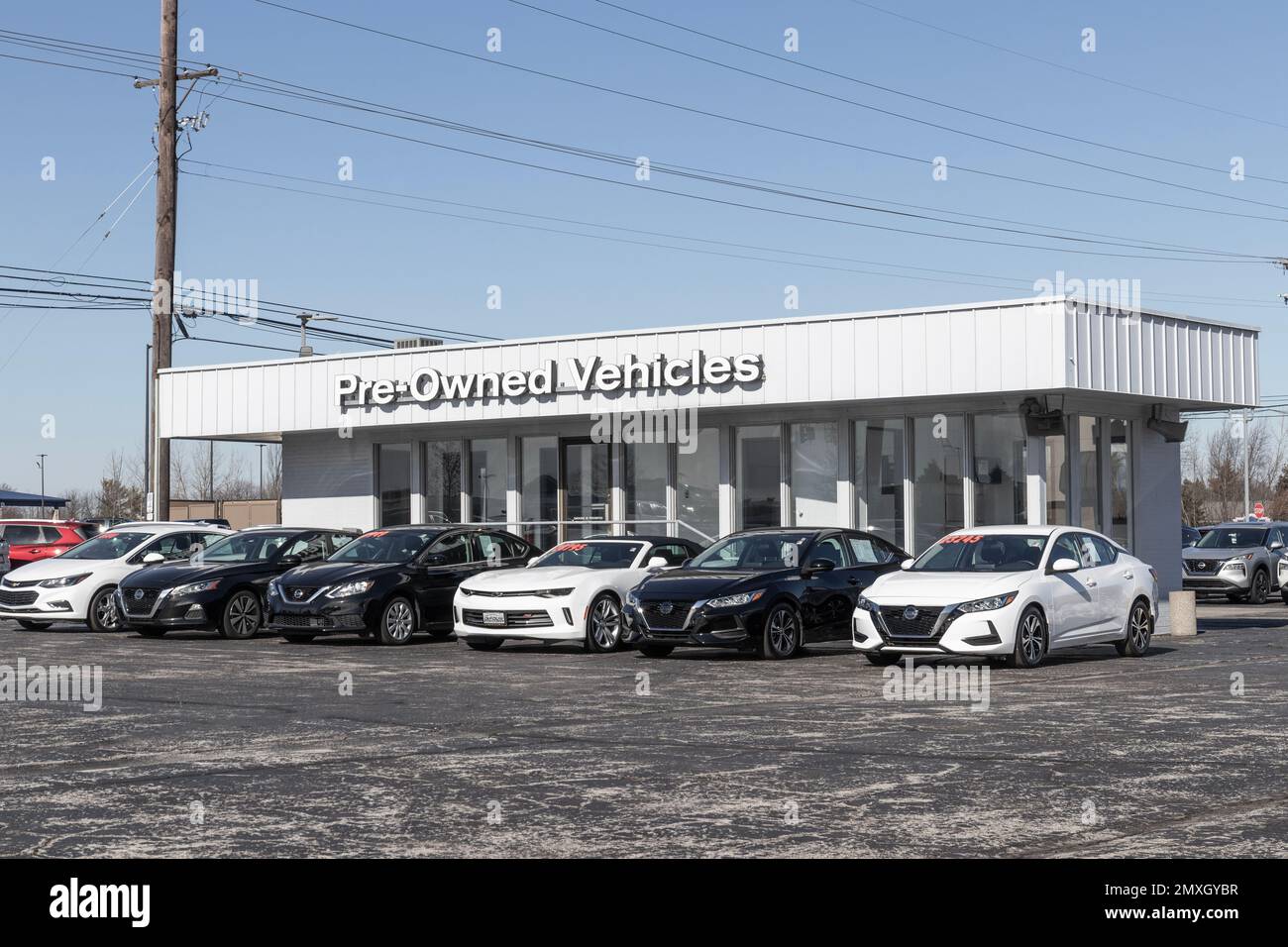 Lafayette Circa February 2023 Used car display at a dealership. With supply issues, used and