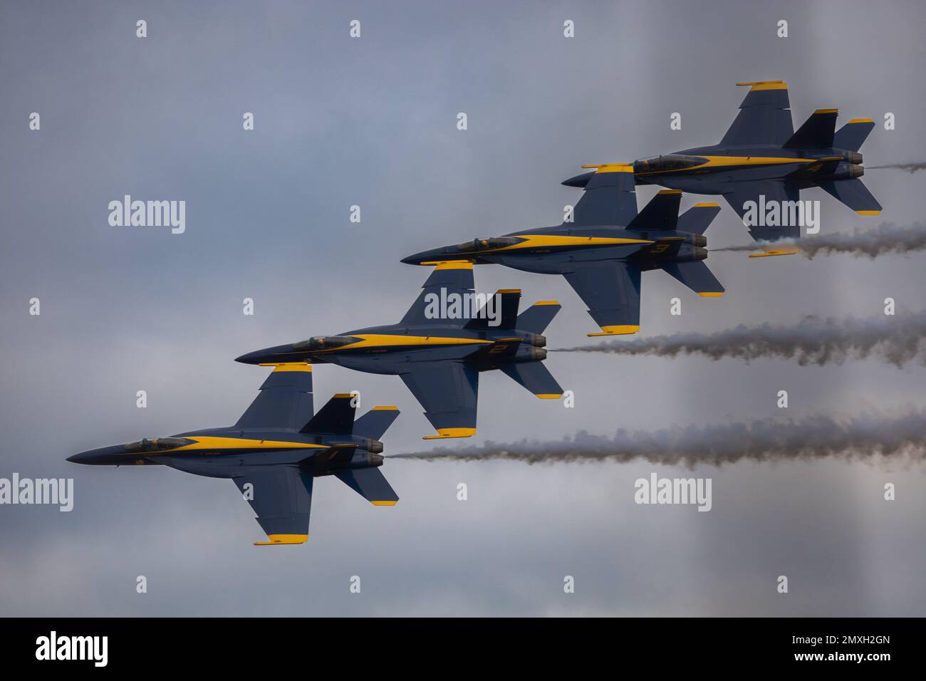 An aerial shot of the Blue Angels formation performing an air show, US ...