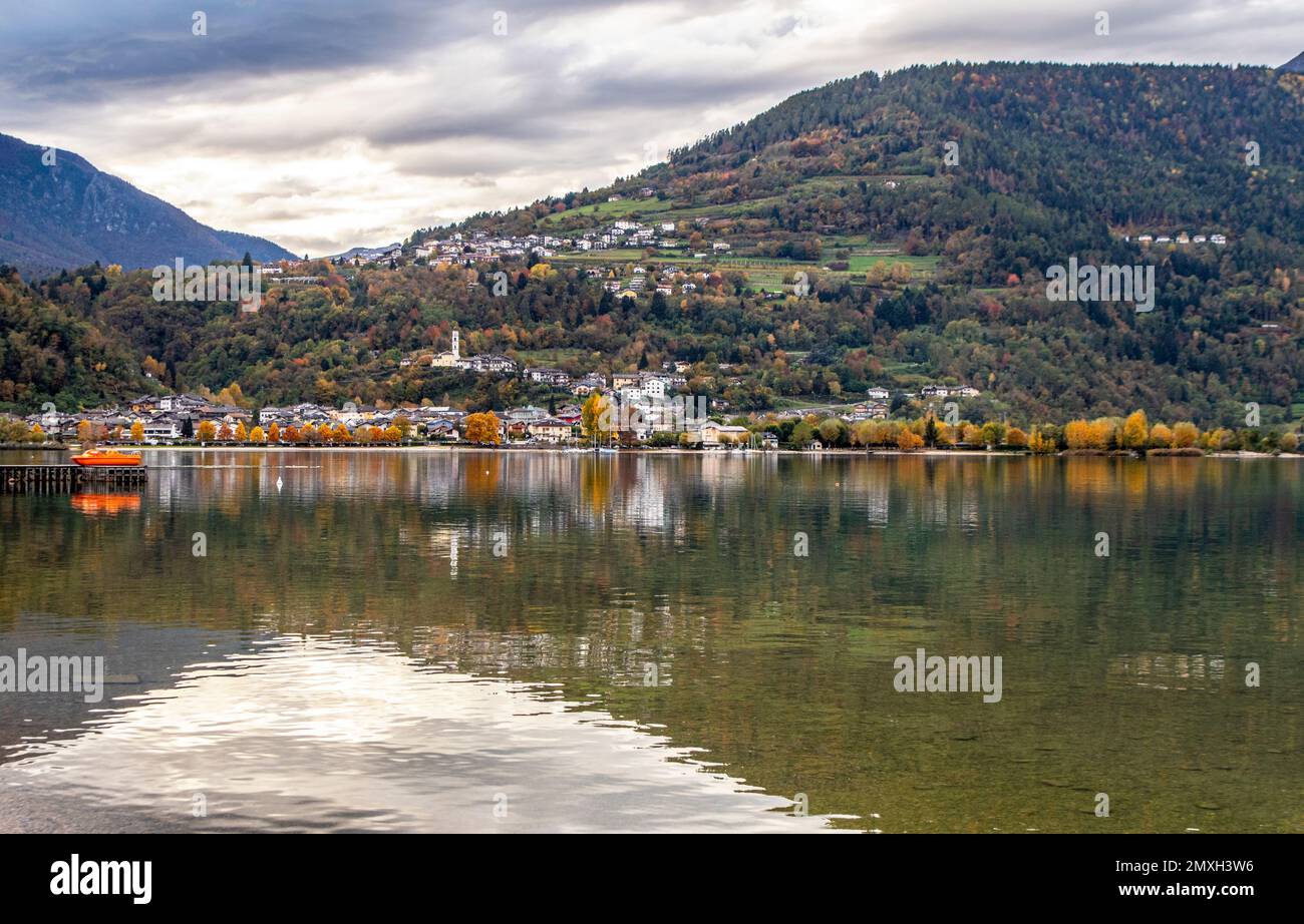 Levico lake, small pretty lake in Italian Alps, Valsugana valley, Levico Terme town, Trento, Trentino Alto Adige, Italy. Stock Photo
