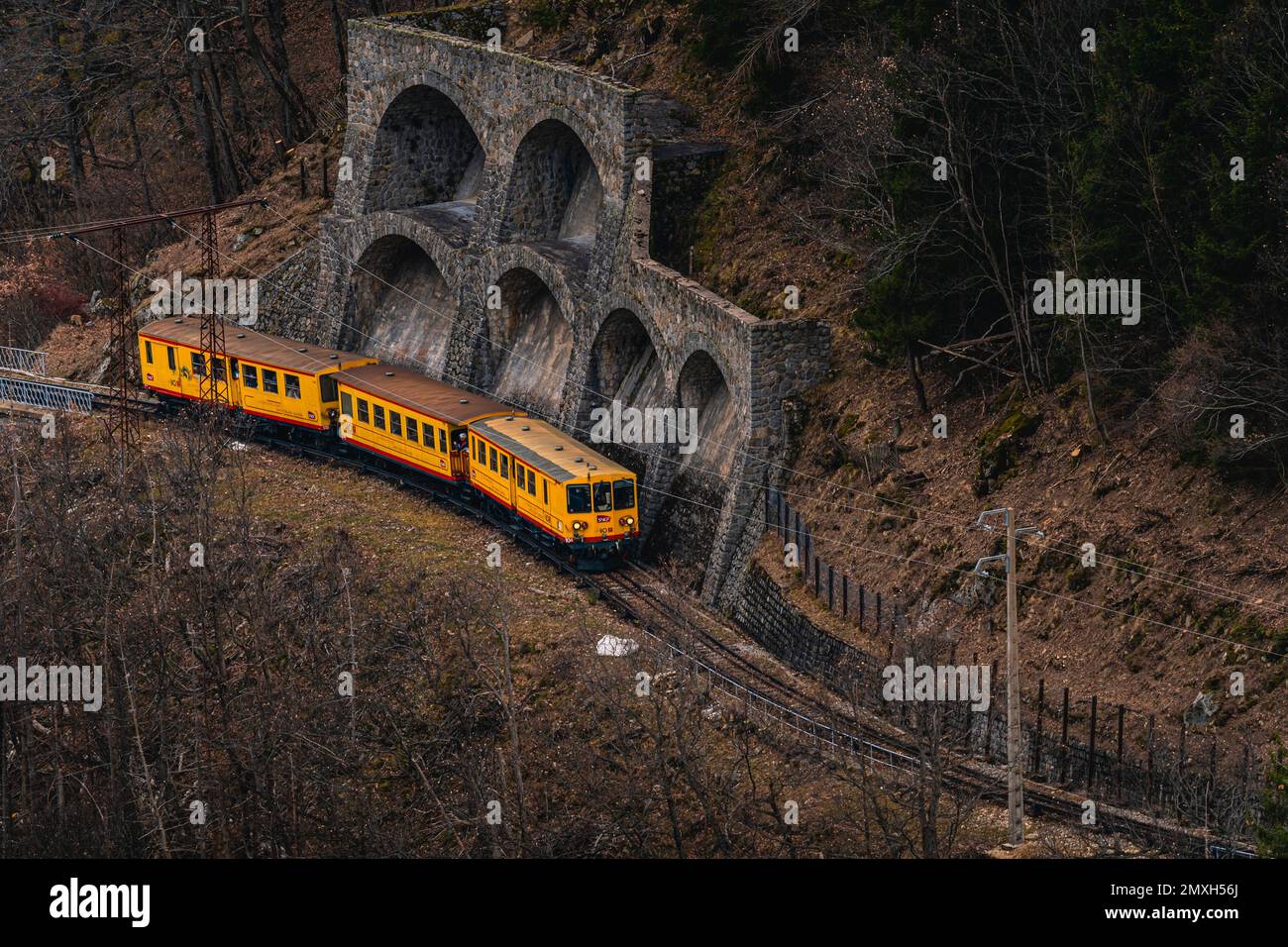 Regional Natural Park of the Catalan Pyrenees in France the liO train ( Train Jaune - Yellow Train), runs from Vilafranca de Conflent - Vernet to La T Stock Photo