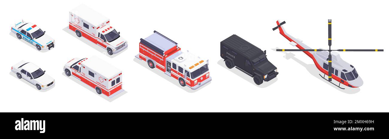 Emergency service transport isometric icons set with fire engine ...
