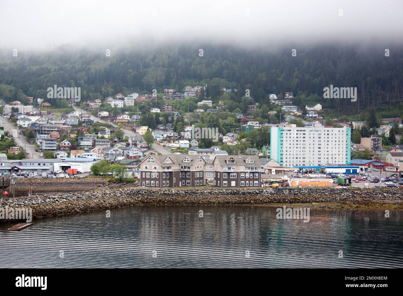 The aerial view of Ketchikan town with a tallest apartment building