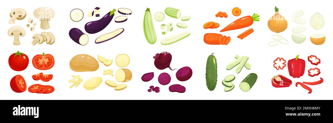Sliced vegetables set with onion carrot and potatoes flat isolated vector illustration Stock Vector
