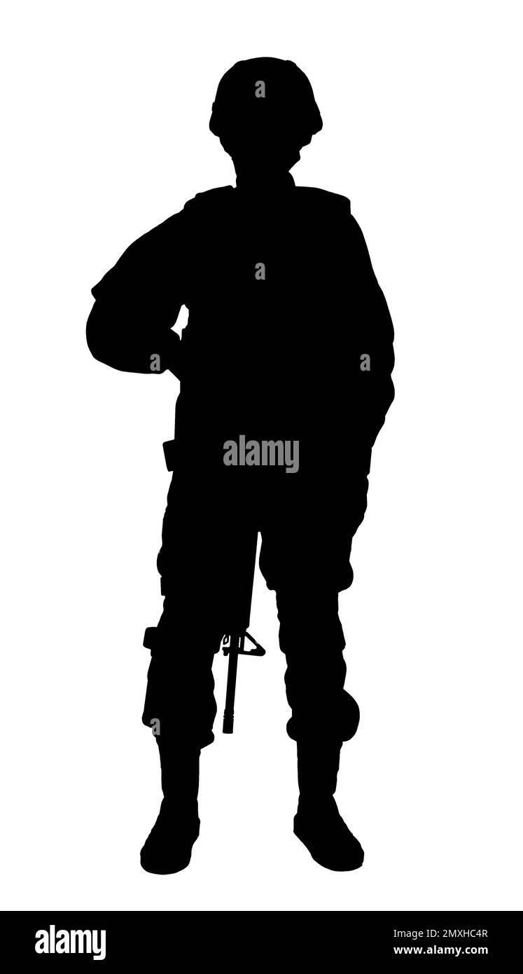 Silhouette Of Soldier With Assault Rifle On White Background. Military 