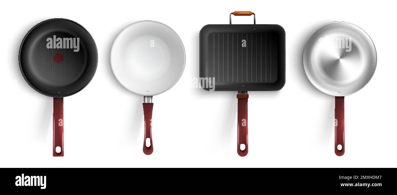 Realistic set of four non stick stainless steel ceramic coating grill frying pans isolated on