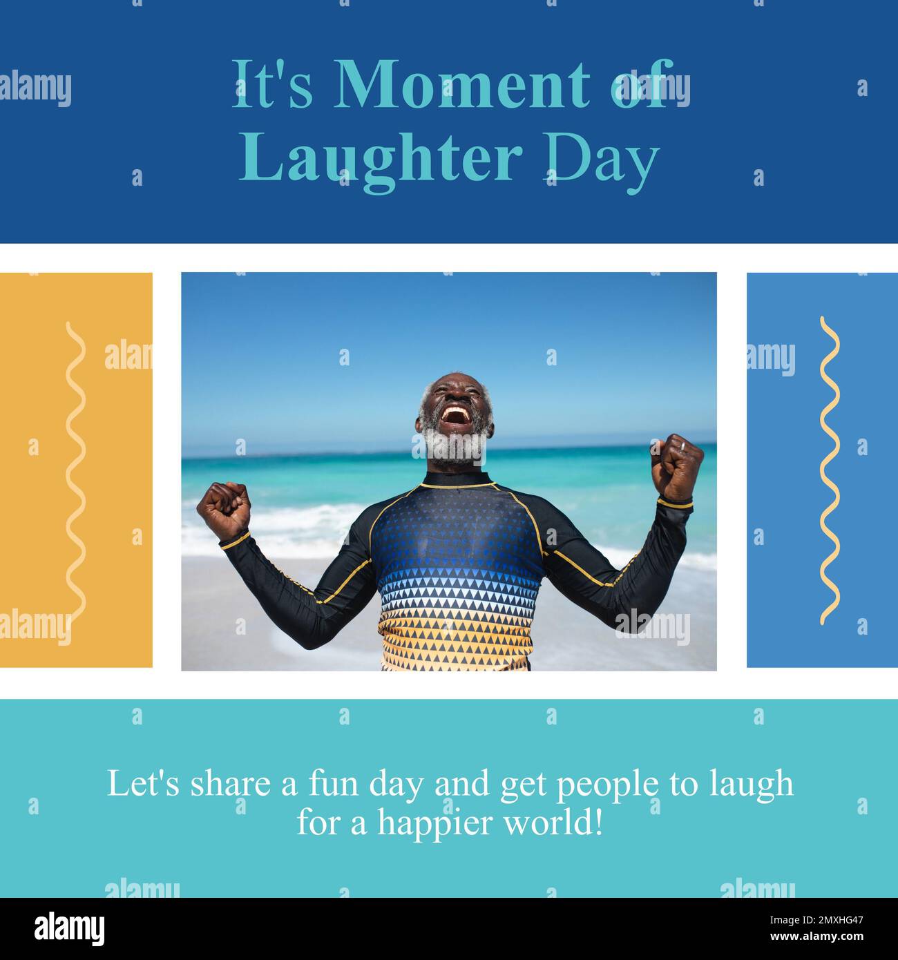 Composition of it's moment of laughter day text over senior african american man celebrating Stock Photo