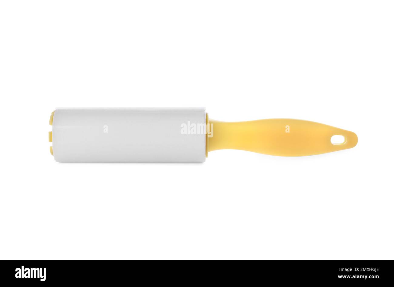 New lint roller with yellow handle isolated on white Stock Photo