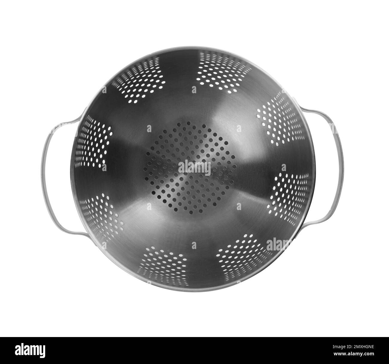 Modern metal colander isolated on white, top view. Cooking utensil