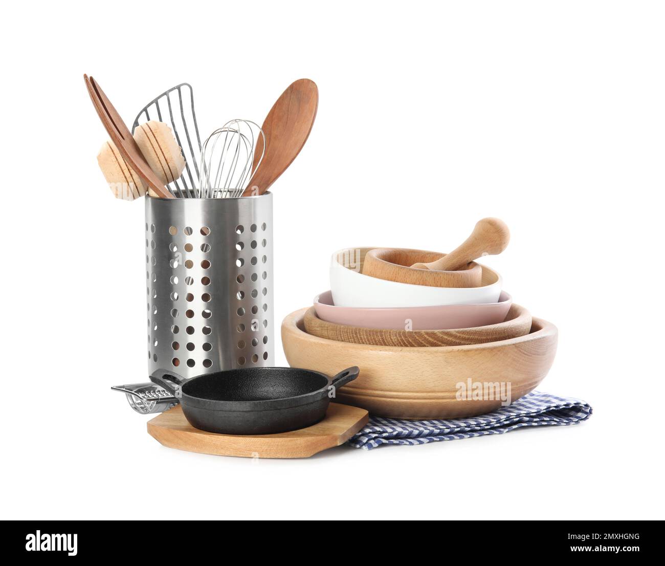 Set of different cooking utensils and dishes on white background Stock