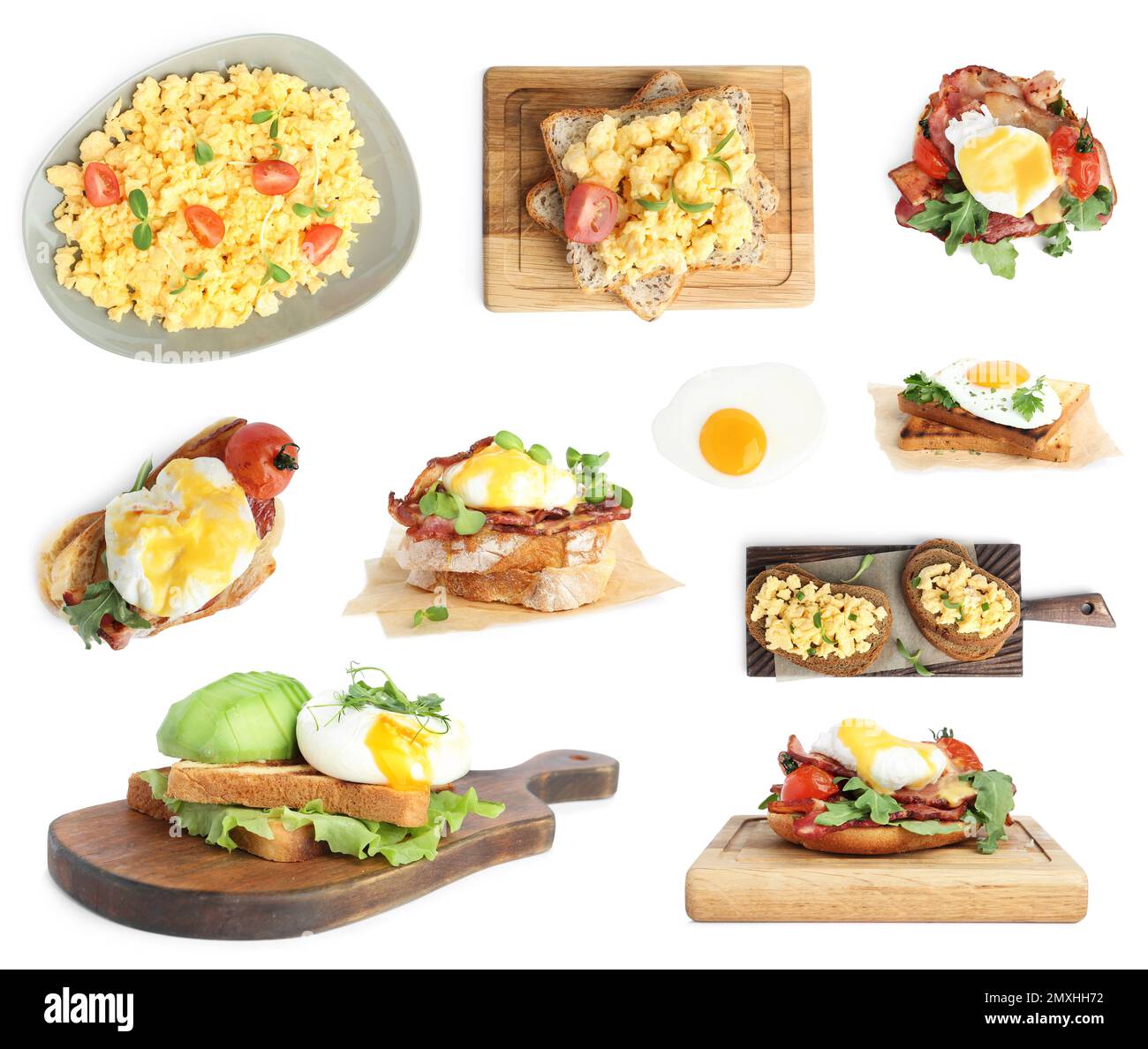 Set of different egg dishes on white background Stock Photo Alamy