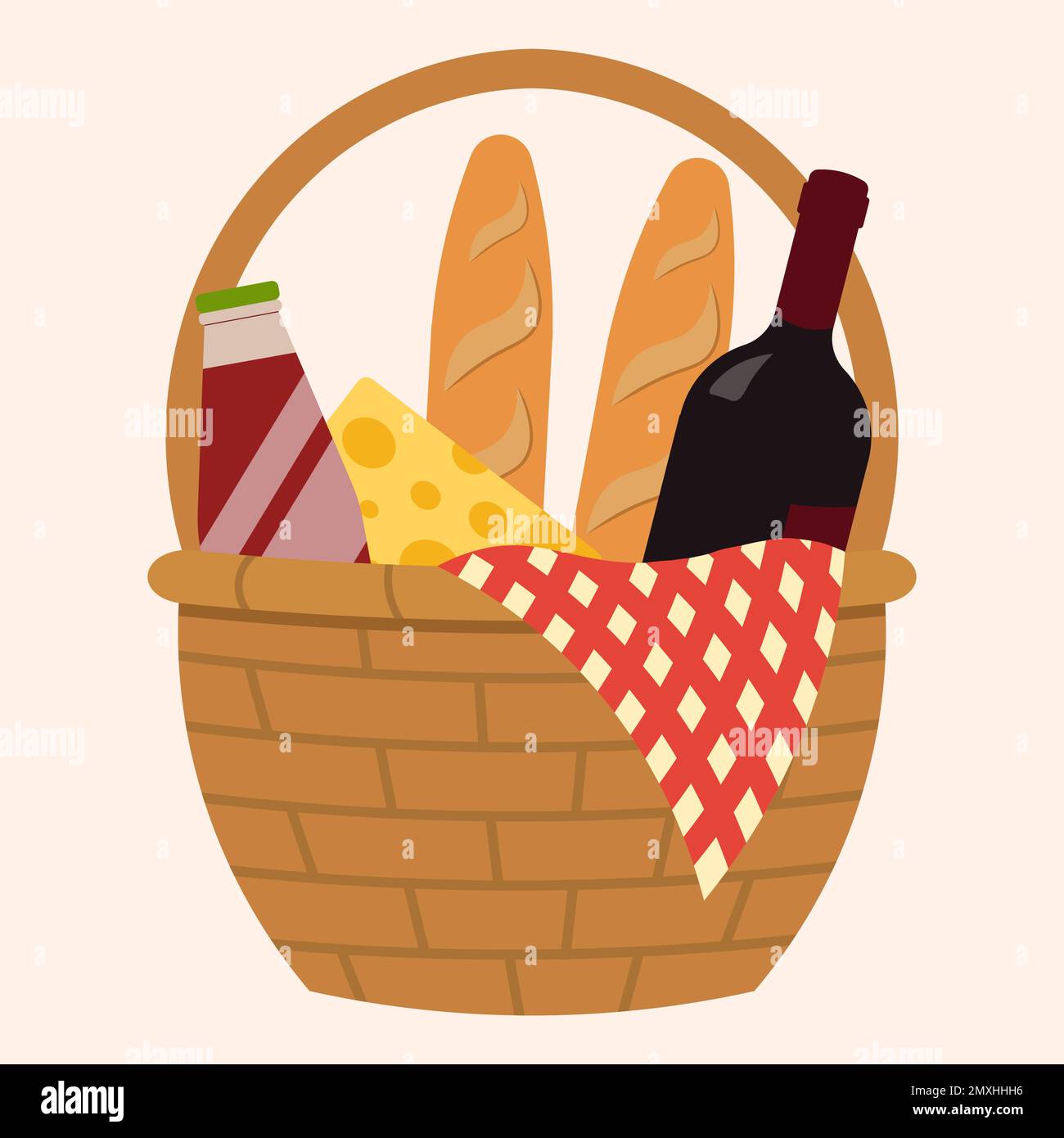 Concept Of Picnic Basket With Wine And Baguette. Spring Activity Vector ...