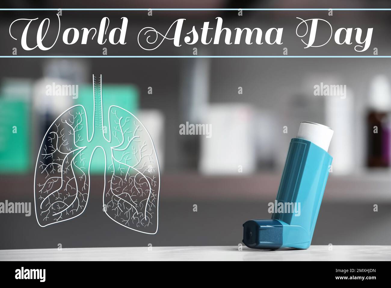 World asthma day. Inhaler on table against blurred background Stock Photo