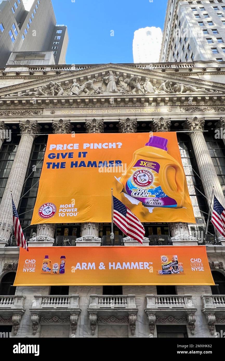 New York, USA. 03rd Feb, 2023. A banner for the brand ARM & HAMMER