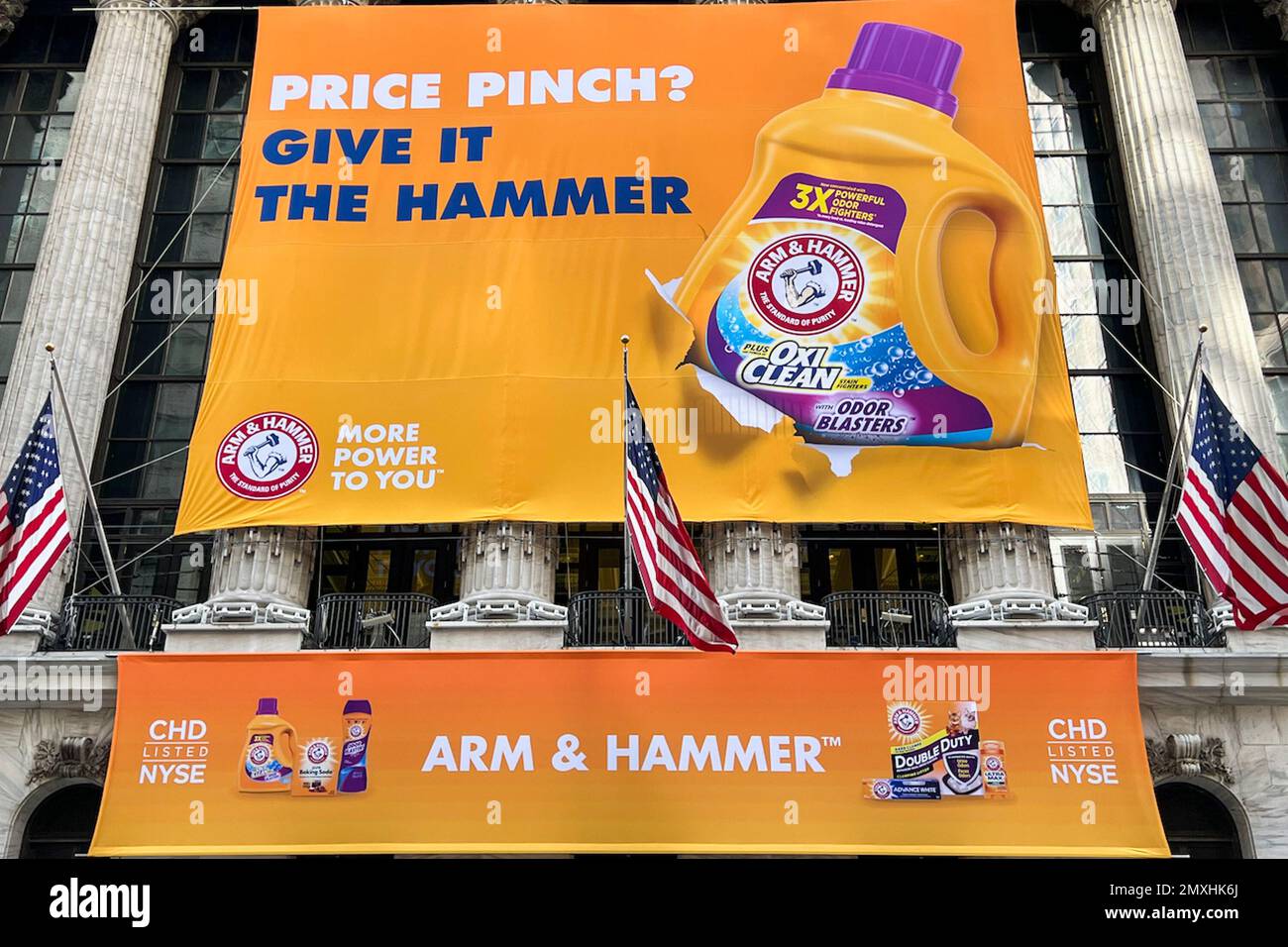 New York, USA. 03rd Feb, 2023. A banner for the brand ARM & HAMMER hangs on the front of the New
